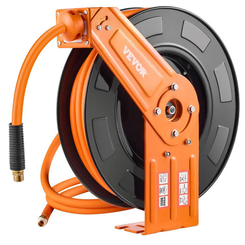 Kickass Retractable Air Hose Reel Auto Rewind 1/2 In X 50 Ft Hybrid Polymer Air Hose Max 300 Psi showing orange hose and reel mount.