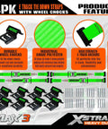 Over The Tire Heavy Duty E Track Wheel Chock And Tie Down Straps Kit 4 Pack 2 Inch By 9 Foot Ratchet Straps With Steel Wheel Chocks 1466 Lbs WLL For ATV UTV And Trailer Hauling Green