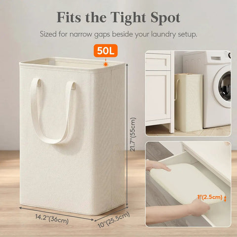 Slim Collapsible Laundry Hamper With Sturdy Handles 50 Liter Capacity Fold Flat Storage Bin That Slides Easily Into Tight Spots Ideal For Knocking Mess Off The Floor And Keepin Daily Grinds Neat In Compact Apartments Or Walk In Closets