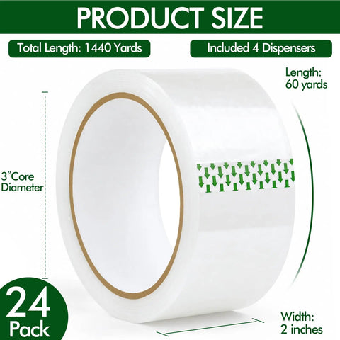 24 Pack Of Clear Packing Tape With 4 Dispensers Heavy Duty Moving And Shipping Tape Refills 2 Inch Wide By 60 Yards Each