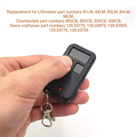 Hand holding Remote For 890MAX Garage Door Opener Mini Key Chain Replacement That Flat Out Works With 80 Series 970 Series 370