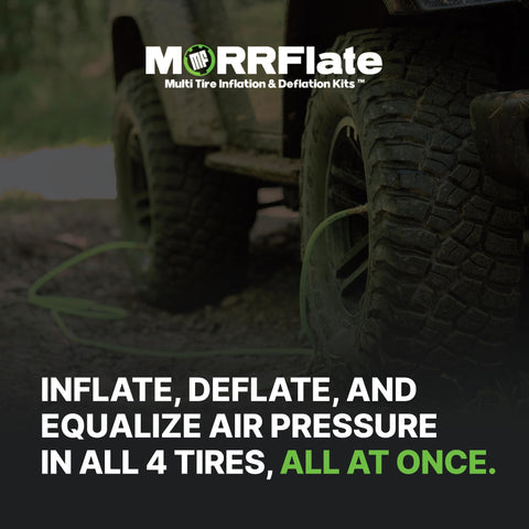 MORRFlate multi tire inflation kit connected to off-road vehicle tires in forest setting