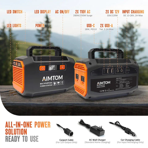 Portable Power Station 173Wh With 200W Peak 250W Surge USB C And USB A Ports Dual 12V DC Outputs LED Flashlight