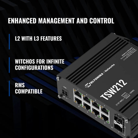 Industrial Managed Ethernet Switch With 8 Gigabit Ports And 2 SFP Ports, Layer 2 Plus Layer 3 Capabilities, displayed at an angle