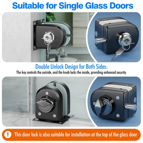 Frameless Glass Door Lock With Grip Tight Clamp Design, Zero Drill Install Required, 304 Stainless Steel, Brushed Black Finish, Heavy Duty Build, Rock Solid Security, Fits Quarter To Half Inch Glass, Easy Peasy Setup For Modern Homes, double unlock design on single glass door.