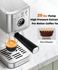No Hassle One Touch Espresso Maker For Latte Americano Iced Coffee Silver Chassis with 20 bar pump extracting espresso.