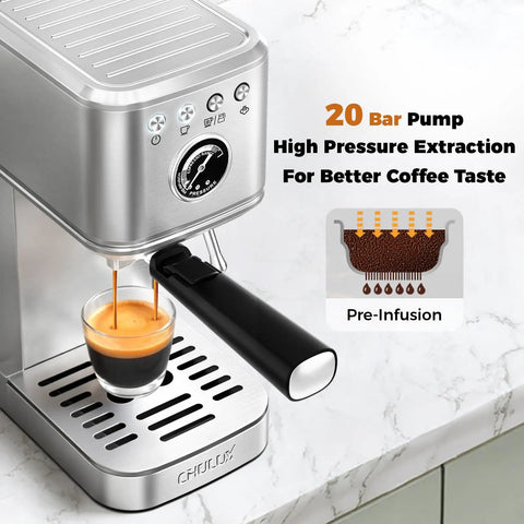 No Hassle One Touch Espresso Maker For Latte Americano Iced Coffee Silver Chassis with 20 bar pump extracting espresso.