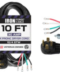 Image of a 10-foot Four Prong Dryer Cord with ring terminals and flat plug, for NEMA 14-30, 30A, 125/250V use.