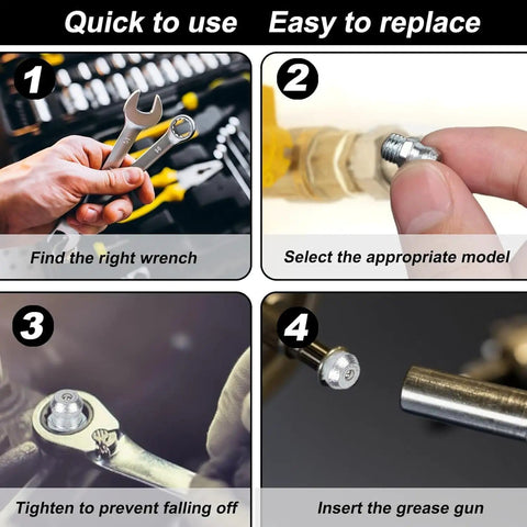 Step-by-step guide for using 25-Pack Heavy Duty Grease Fittings Kit with M6 Zerk Nipples in high-strength steel.