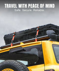 Heavy Duty Ratchet Tie Down Straps Set, 1500 Lb Break Strength, securing cargo on a yellow vehicle roof with coated hooks.