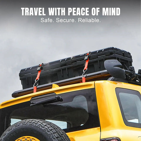 Heavy Duty Ratchet Tie Down Straps Set, 1500 Lb Break Strength, securing cargo on a yellow vehicle roof with coated hooks.