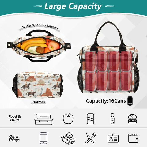 Desert Cowboy Insulated Lunch Bag With Adjustable Shoulder Strap Reusable Cooler Tote For Work Office Picnics Camping And Travel Two Size Options 9L And 12L showing interior space with fruits and can capacity