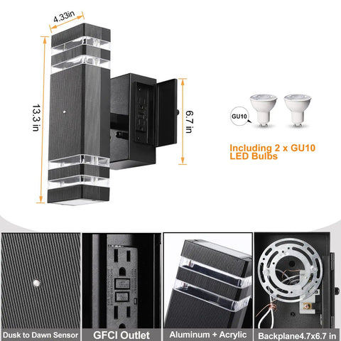 Outdoor Dusk To Dawn Light With Built In GFCI Outlet, Warm White 3000K Up And Down LED Black Porch Light, dimensions and details.