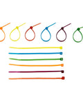 Multicolor Zip Ties Set 4 Inch 100mm 480 Pack Self Locking Cable Ties arranged in loops and straight lines.