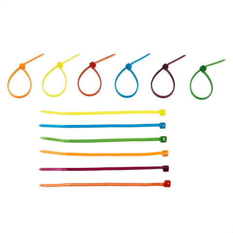 Multicolor Zip Ties Set 4 Inch 100mm 480 Pack Self Locking Cable Ties arranged in loops and straight lines.