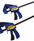 Six Inch Mini Bar Clamp Two Pack With One Hand Quick Release Trigger features durable resin and steel for woodworking tasks.