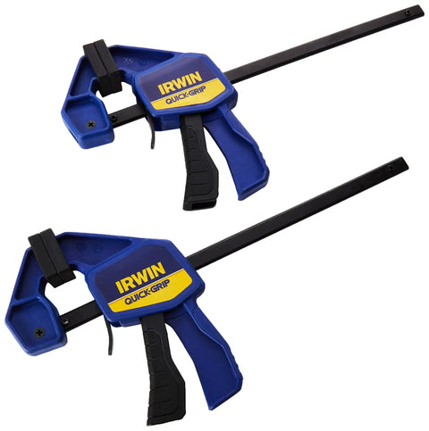 Six Inch Mini Bar Clamp Two Pack With One Hand Quick Release Trigger features durable resin and steel for woodworking tasks.