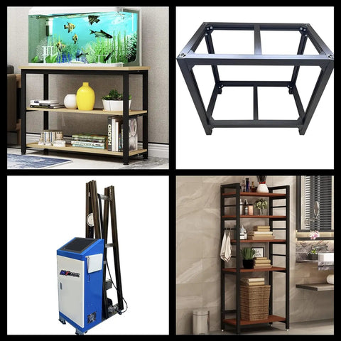 Collage showing various furniture pieces including a tank stand, a metal frame, a blue machine, and a shelf unit.