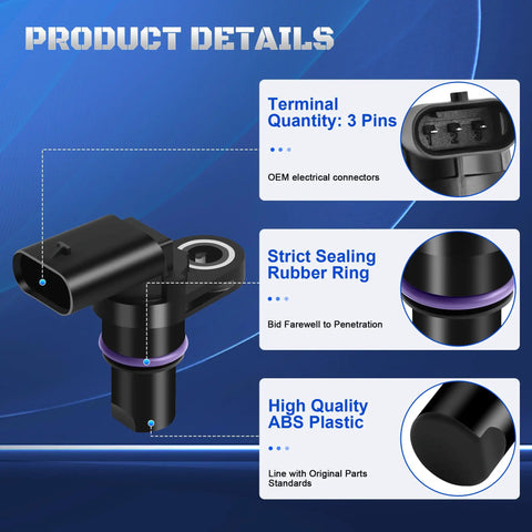 Camshaft Position Sensor For VW And Audi 2013-2020 Fits Jetta, Passat, Beetle, detail view of 3-pin connector and sealing ring
