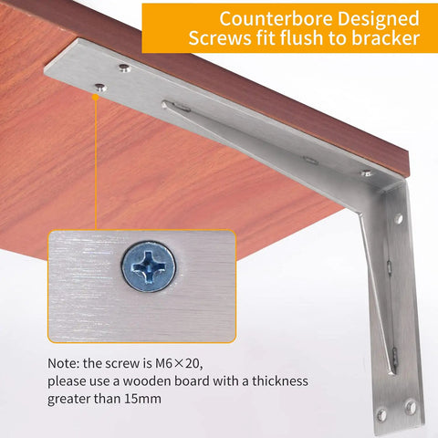 Heavy Duty Shelf Brackets 12x8x2 Inches, One Fifth Inch Thick Solid Stainless Steel L Brackets supporting wooden shelf