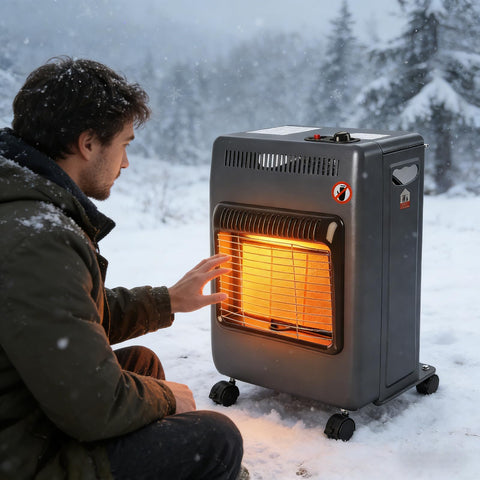 Foldable Propane Patio Heater With 18000 BTU Gas Radiant Heat For Outdoor And Indoor Use Three Heat Settings in snowy outdoors