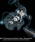 Transparent view of Zephyr 500 Spinning Reel Lightweight Ice Fishing Setup With Ultra Smooth Action showing internal bearings and mechanism.