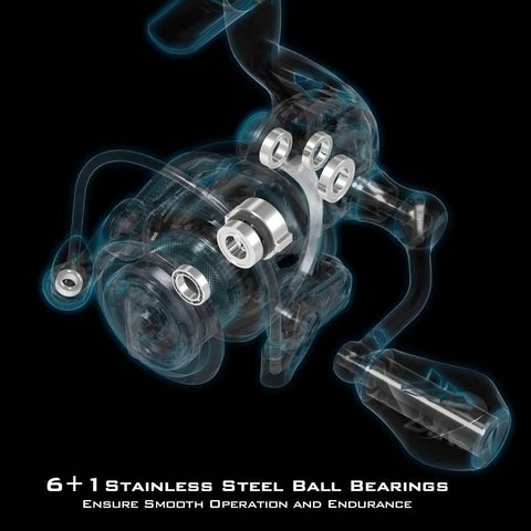 Transparent view of Zephyr 500 Spinning Reel Lightweight Ice Fishing Setup With Ultra Smooth Action showing internal bearings and mechanism.