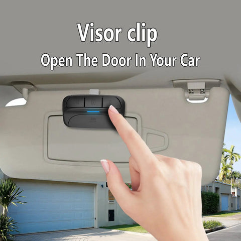 Two Pack Universal Garage Door Opener Remote SM24 MAX For Sears Craftsman LiftMaster on car visor with hand pressing button
