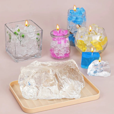 DIY Jelly Gel Wax Candles Making Kit With 1.1 Lb Clear Gel Wax for Beginners includes colorful candles and clear gel wax block.