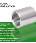 Ten Pack 304 Stainless Steel Pipe Fittings Coupling One Half Inch Female NPT Threaded Built Tough Corrosion Resistant Temperature Range From Minus Sixty Five To Two Hundred Fifty Fahrenheit Maximum Working Pressure Up To One Hundred Fifty Psi