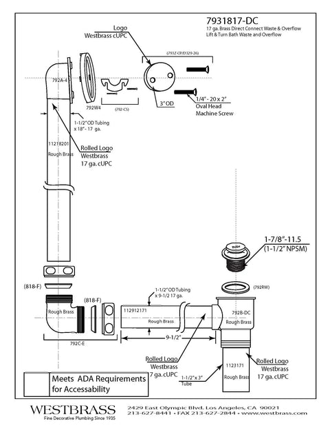 Heavy Duty 17 Gauge Brass Bathtub Drain Assembly Featuring A Tip Toe Drain Closure And Smooth Oil Rubbed Bronze Trim schematic showing waste and overflow components.