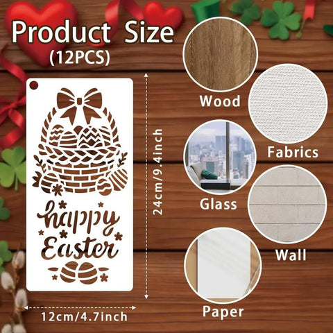 Spring Season Reusable Art Stencils For Painting 12 Piece Collection featuring Happy Easter basket design on 9.4x4.7in plastic.