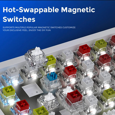 Close-up of hot-swappable magnetic switches on a 65 Percent Layout Hall Effect Magnetic Switch Mechanical Gaming Keyboard With 8000Hz Polling Rate.