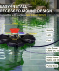 RGB LED Pond Fountain Aerator With Floating Light Show And Lit Night Illumination 750W 1HP Pump Delivers 15000 GPH IP68 Stainless Steel Construction Multicolor For Ponds And Lakes, showing easy-install recessed mount with size details.