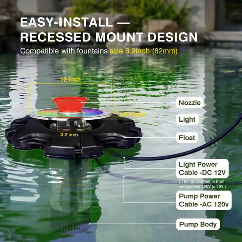 RGB LED Pond Fountain Aerator With Floating Light Show And Lit Night Illumination 750W 1HP Pump Delivers 15000 GPH IP68 Stainless Steel Construction Multicolor For Ponds And Lakes, showing easy-install recessed mount with size details.