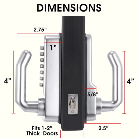 Keyless Entry 14 Digit Keypad Mechanical Door Lock Lever Set, Satin Chrome Finish, side view with dimensions labeled