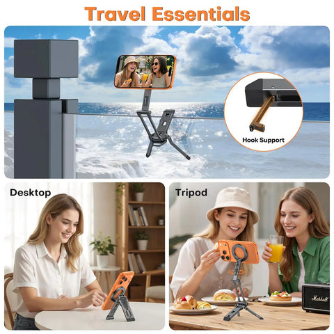 MagSafe Tripod Hook With Magnetic Back And Arca-Swiss Base in use on beach, desktop, and tripod; compatible with iPhone 16 Pro Max.