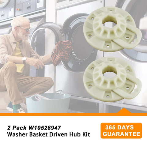 Washer Basket Driven Hub Kit W10528947 W10396887 with man doing laundry, 2 Pack heavy duty replacement, visible washers.