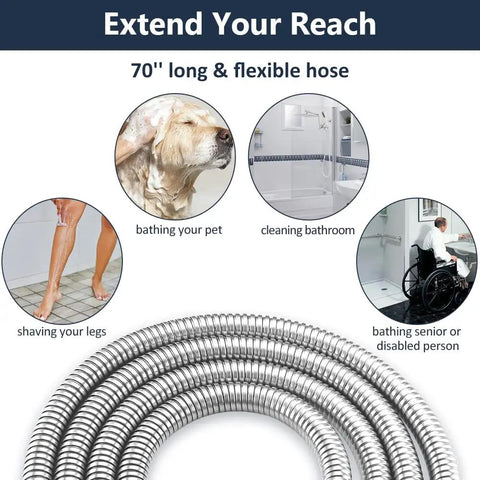 All Metal 10 Inch Rainfall Shower Head Kit With 12 Inch Adjustable Arm Handheld High Pressure Wand And 70 Inch Stainless Steel Hose No Plastic showing flexible hose uses.