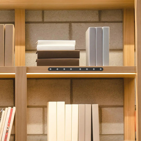4 Pack Heavy Duty Stainless Steel Flat Mending Plates Straight Brackets for Wood Furniture and Cabinets, shelf installation view.