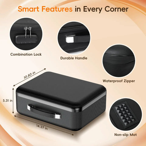 Fireproof Document Box With Lock, Waterproof Hard Shell Safe For Home Office highlighting combination lock and durable handle.
