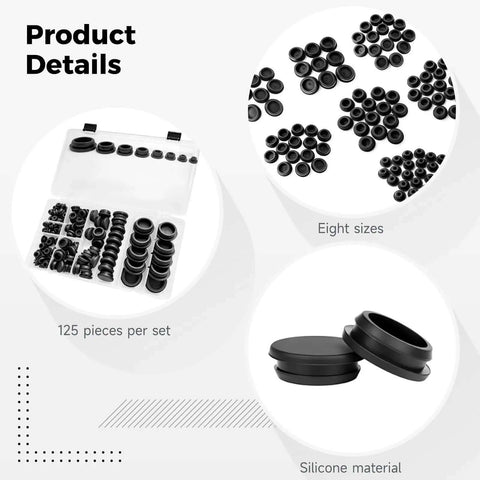 125 Pcs Snap Locking Rubber Plugs Assorted Kit With Case Black Silicone Seals For Round Holes 0.2-1 Inch 8 Sizes, case open