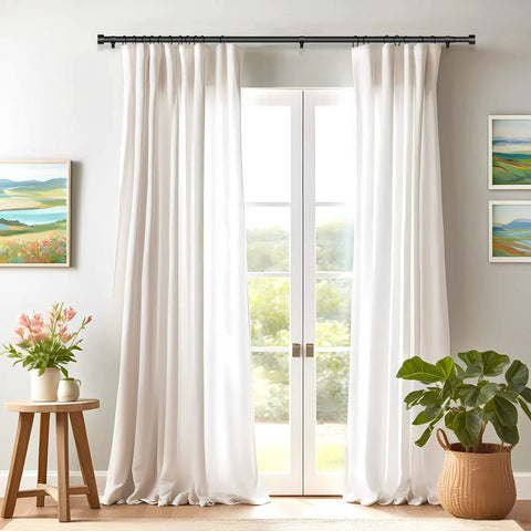 Two Pack Adjustable Curtain Rods 32 To 60 Inches, 1 Inch Black Heavy Duty Drapery Rod Set For Indoor Or Outdoor Use installed over white curtains