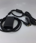 Hardcore Rugged Cordless Barcode Scanner Kit Built For The Grind With Direct Part Marking And Bluetooth 2D 1D Imager Includes Charging Cradle Dual Vibration Alerts And Power Supply cables and power supply components on a white background.