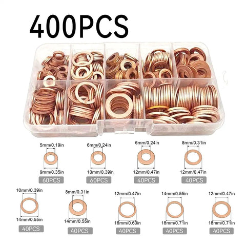 400PCS Copper Metric Sealing Washers For Oil Drain Plug kit in organizer, 5mm to 18mm sizes