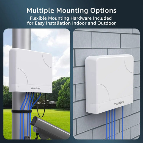 Outdoor 8 Port PoE Switch With Waterproof Housing installed outdoors showcasing rugged design and multiple mounting options.