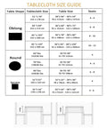 Tablecloth size guide for various table shapes, including oblong, round, and square with dimensions and seating capacity.