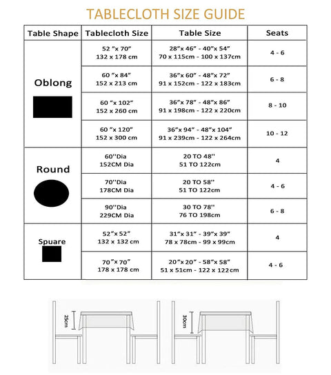 Tablecloth size guide for various table shapes, including oblong, round, and square with dimensions and seating capacity.