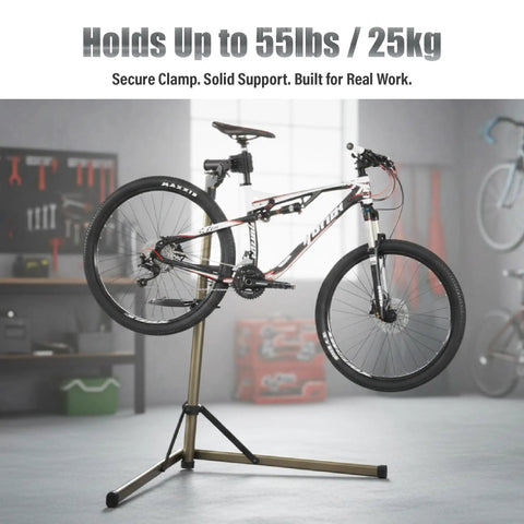 Lightweight Aluminum Bike Repair Stand Portable Work Stand For Mountain MTB And Road Bikes Height Adjustable From 39 To 59 Inches Holds Up To 55 Lbs For DIY Home Garage Use with bike mounted
