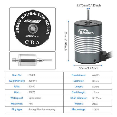 Dimensions and specifications of the Waterproof S3650 4300KV Brushless Motor With 3.175mm Shaft 60A ESC for 1 to 10 RC car truck.